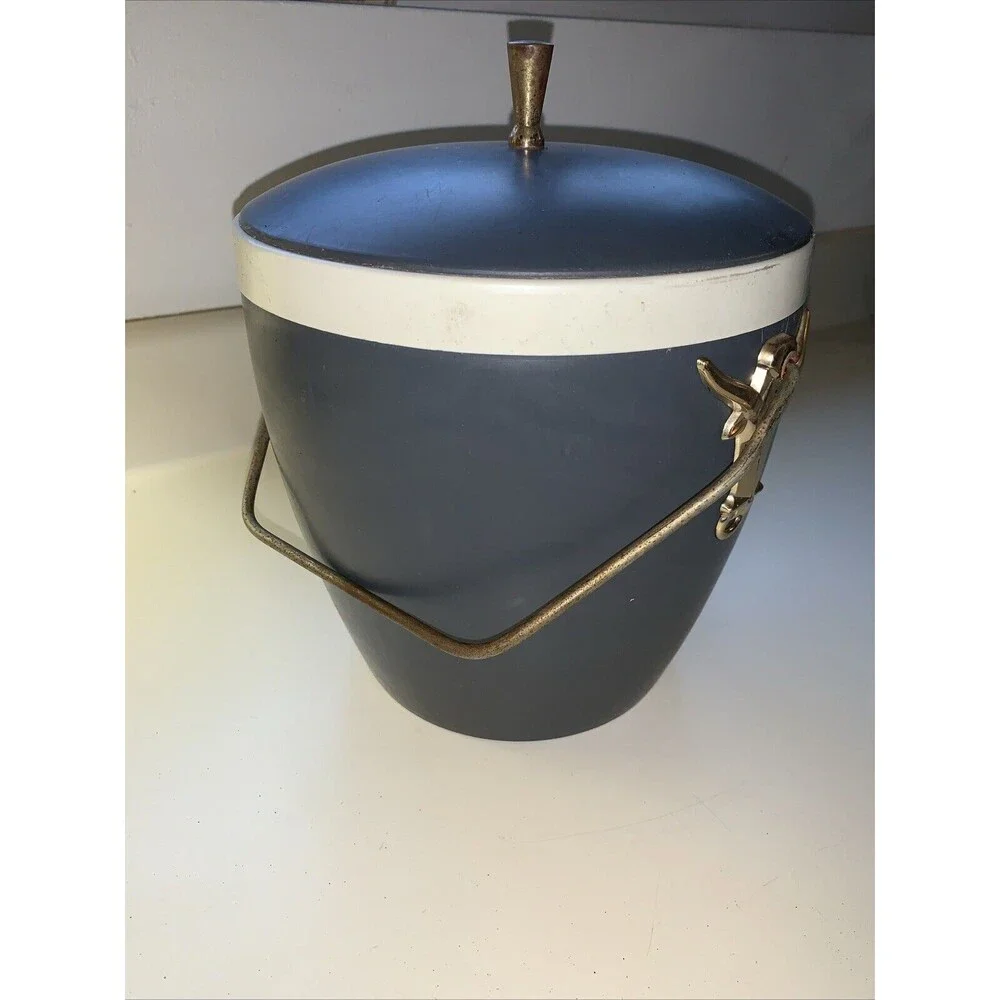 HFT Mid Century Gits Ware Ice Bucket Gray with Gold Longhorn Medallions and Trim